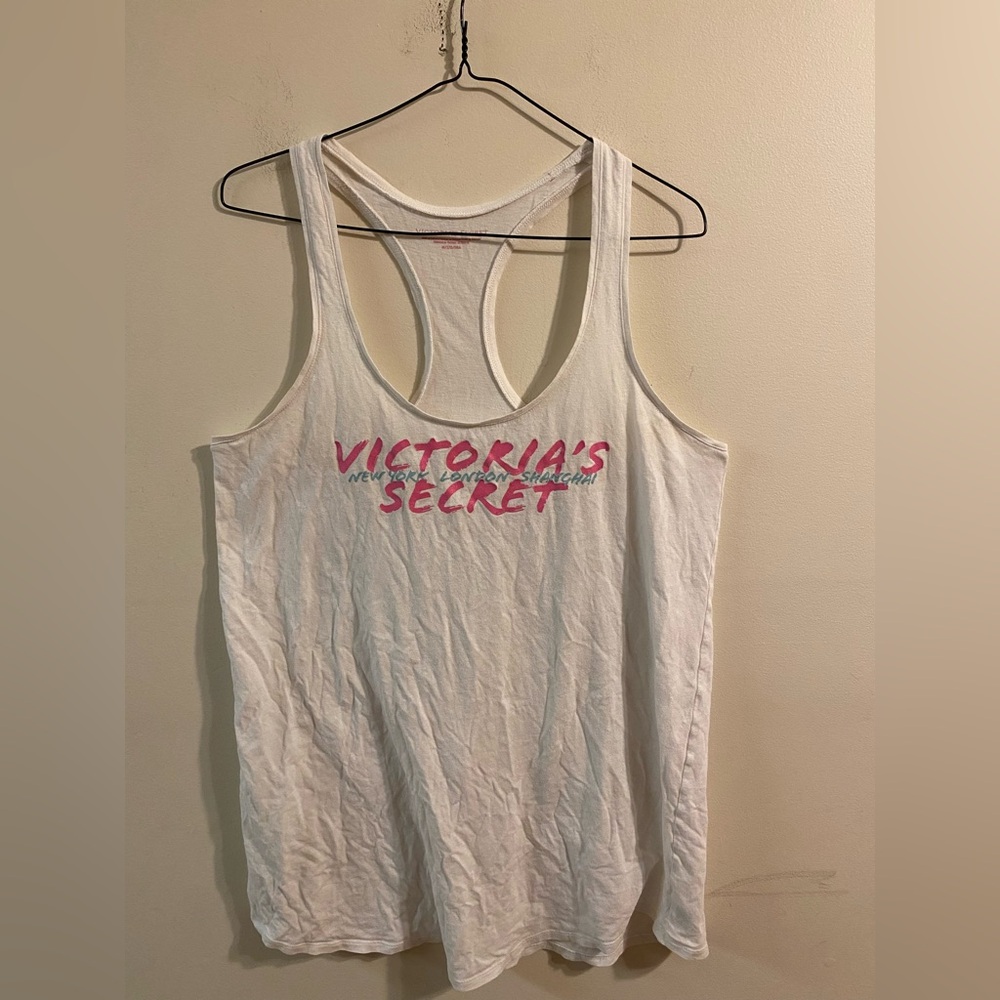 Victoria's Secret White Logo Raceback Tank Top Oversized Size Medium